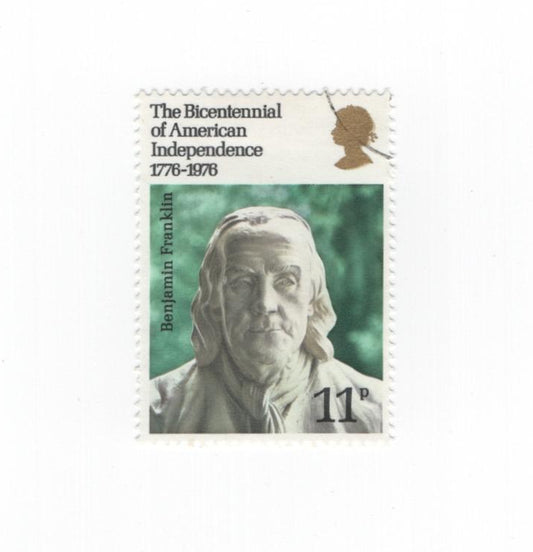 Stamp featuring Benjamin Franklin with text 'The Bicentennial of American Independence' on a white background
