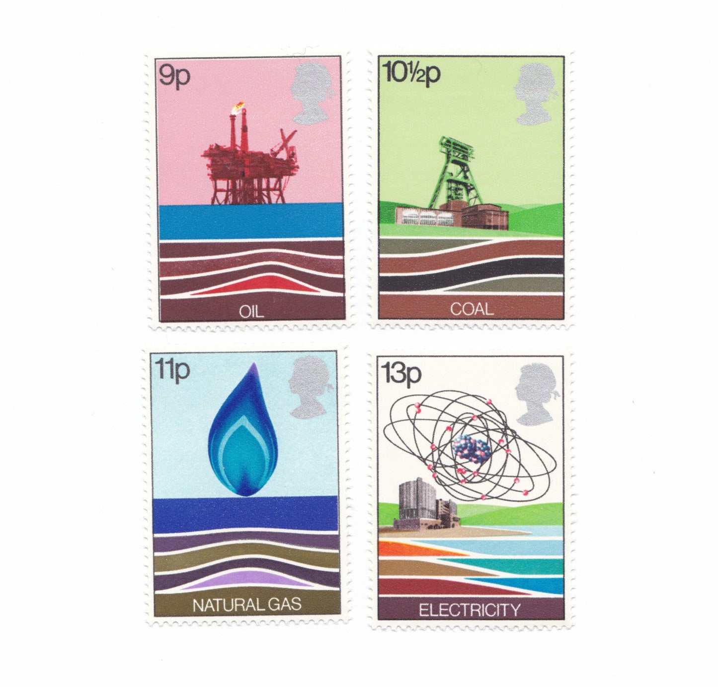 bold printing of energy sources on postage stamps and on a white background