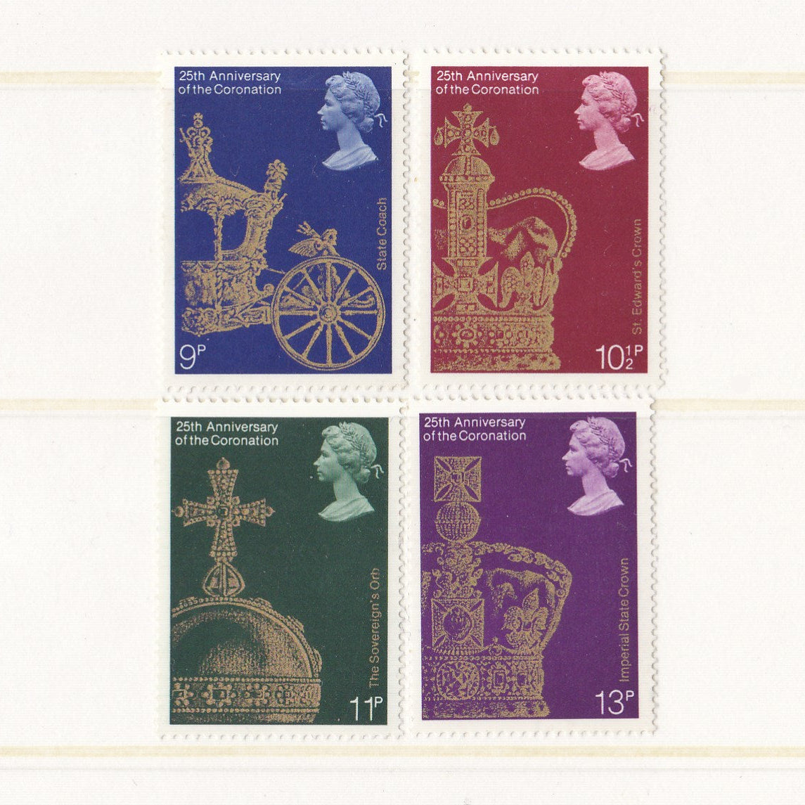 Colourful postage stamps with images of the coronation in gold on a white background