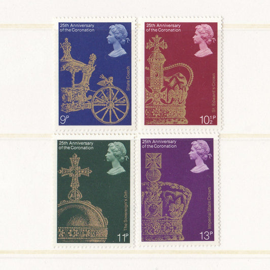 Colourful postage stamps with images of the coronation in gold on a white background