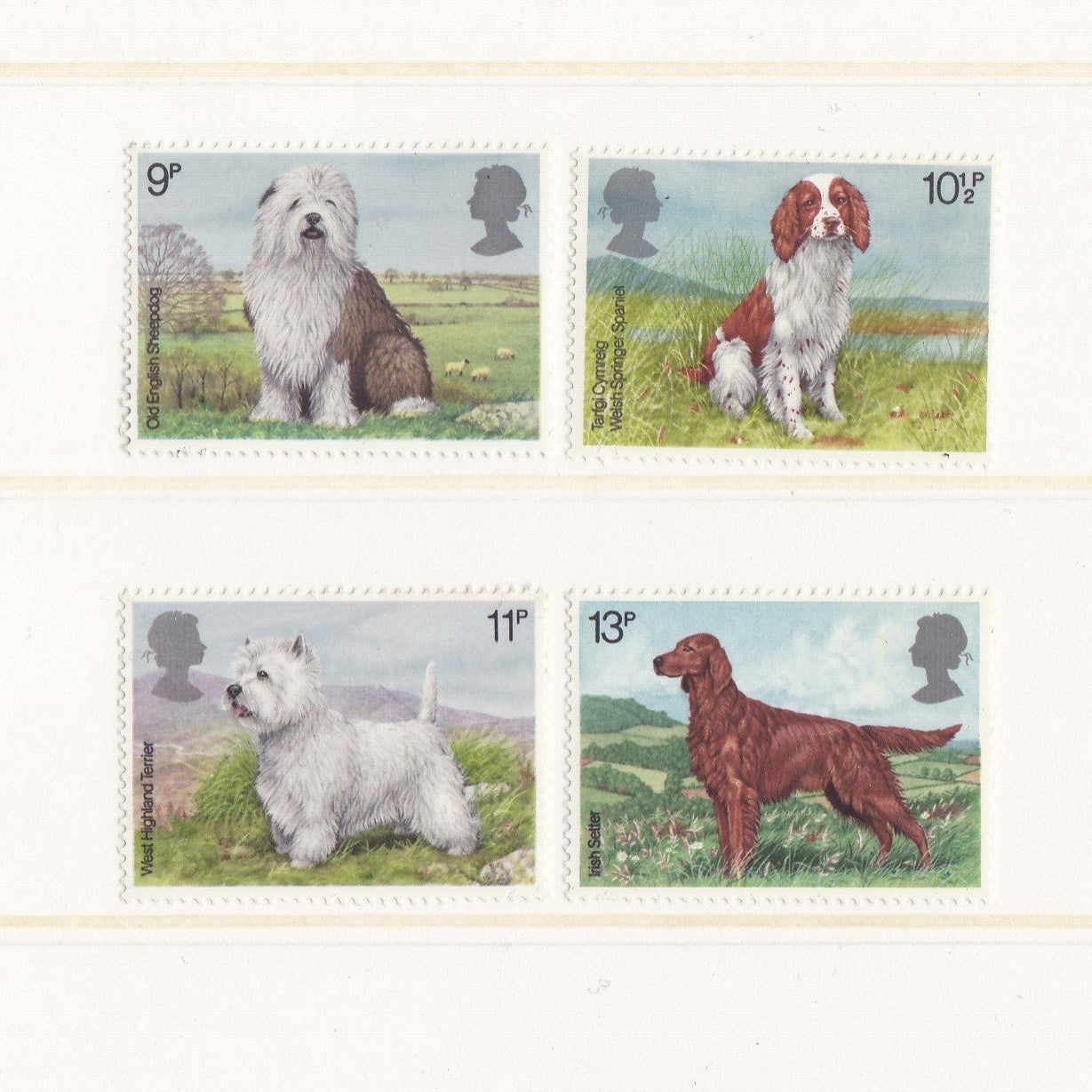 Dog illustrations on postage stamps on a white background