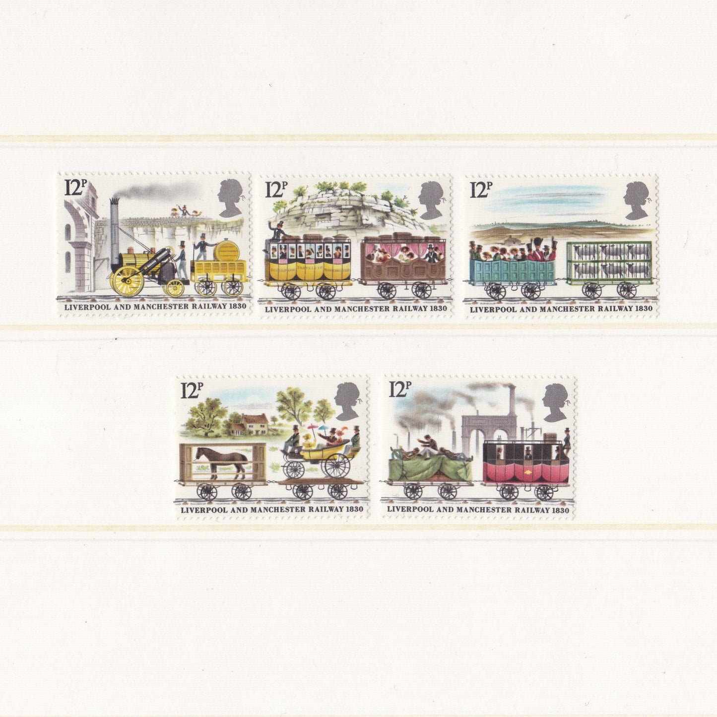 Set of six postage stamps featuring historical transportation vehicles on a white background.