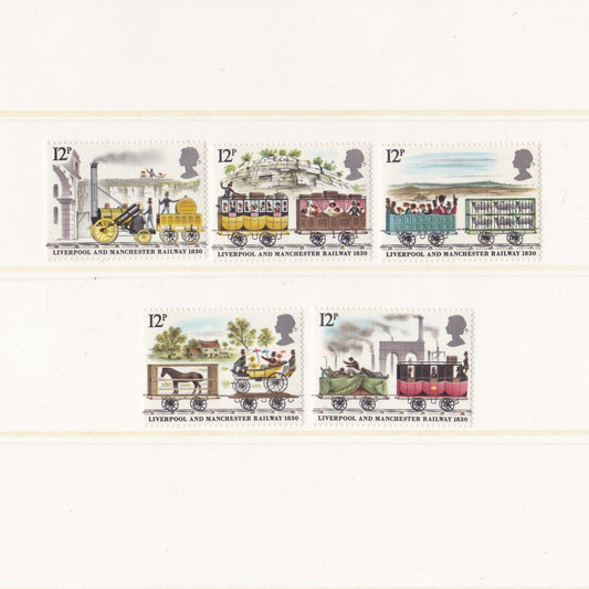 Set of six postage stamps featuring historical transportation vehicles on a white background.