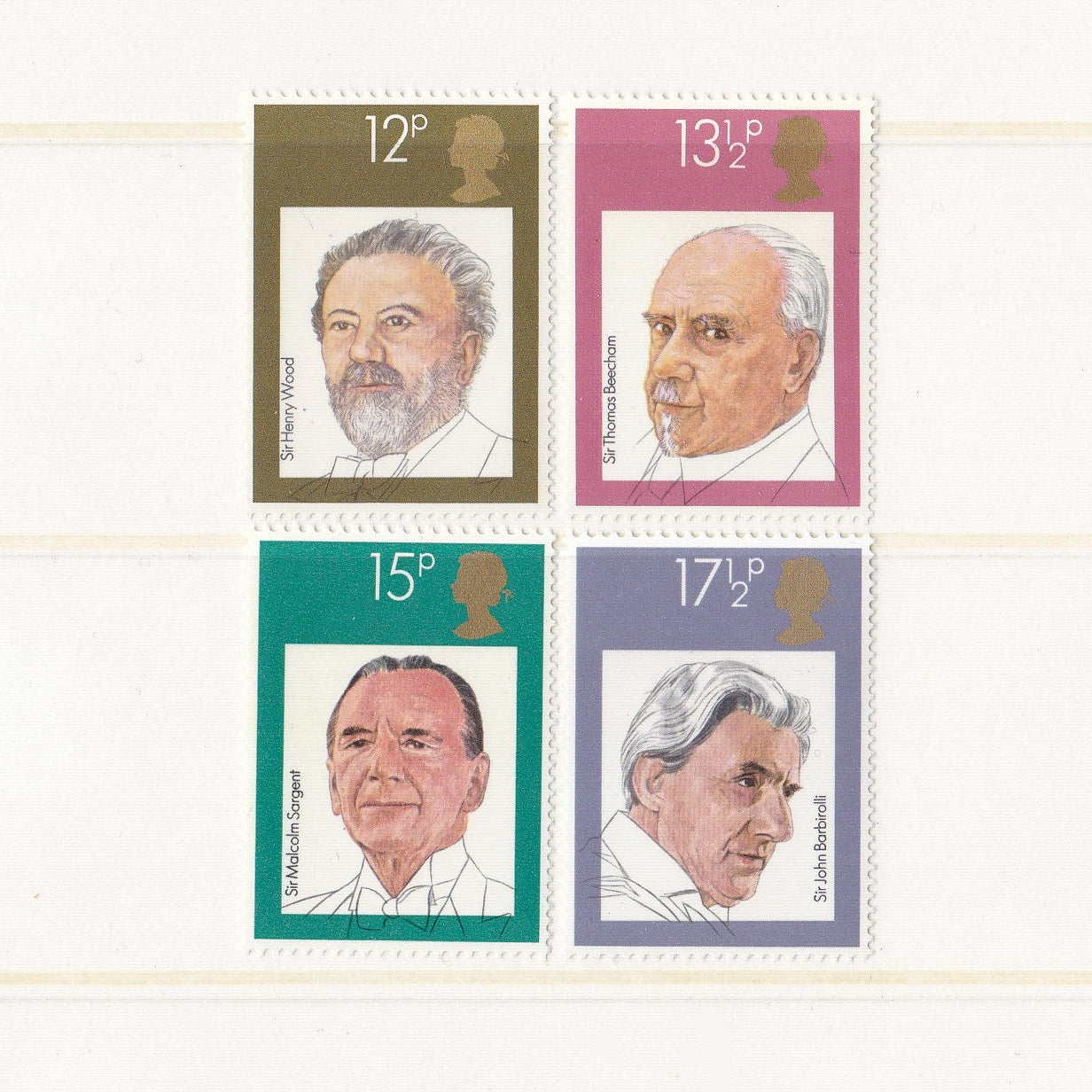 Drawings of british conductors on postage stamps on white background
