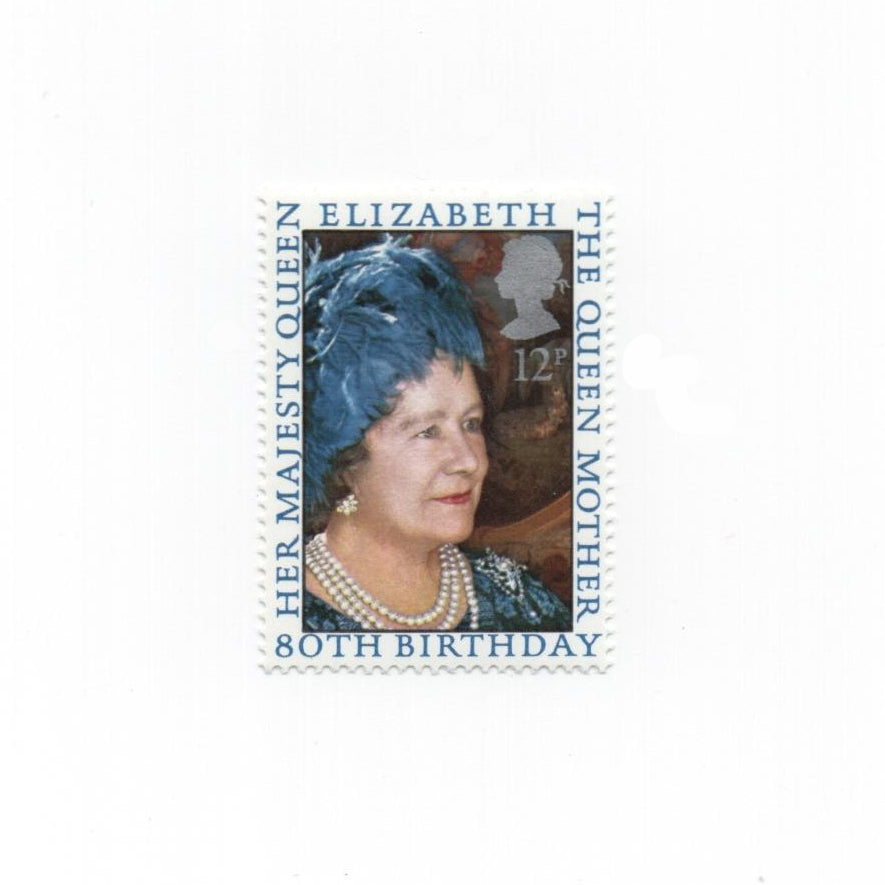 Stamp featuring Queen Elizabeth The Queen Mother with text 'Her Majesty Queen Elizabeth The Queen Mother 80th Birthday'.
