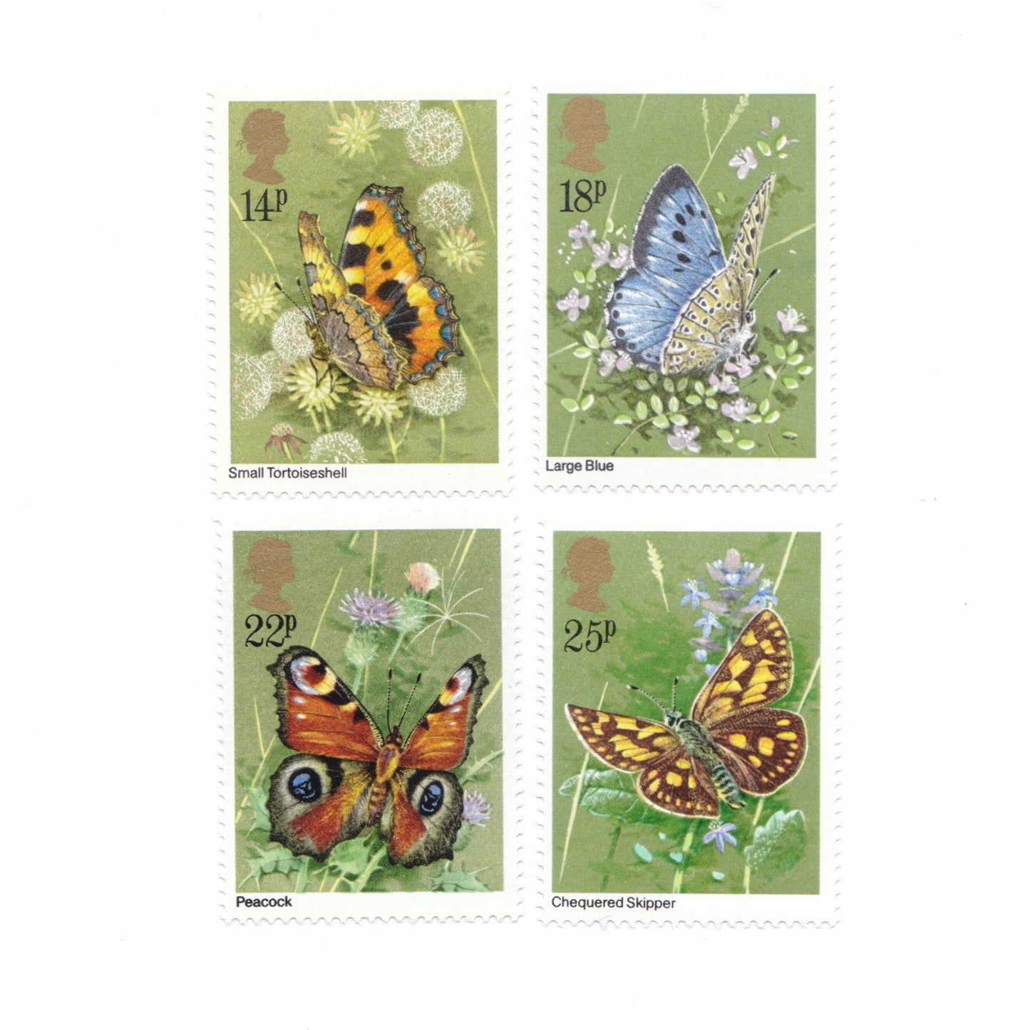 Four stamps featuring illustrations of butterflies on a white background