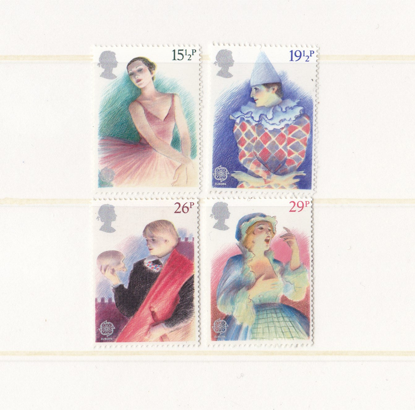 Set of four vintage-style postage stamps with colorful illustrations of people and objects.