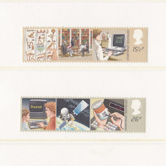 Vintage illustrations of information technology on two long ways postage stamps