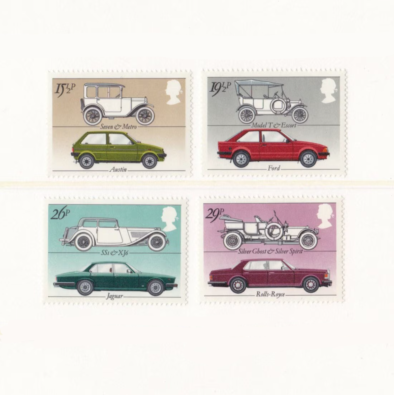 Set of stamps featuring vintage cars on a white background