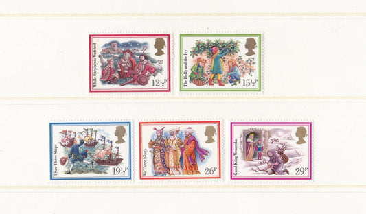 Set of five illustrated stamps with colorful designs on a white background