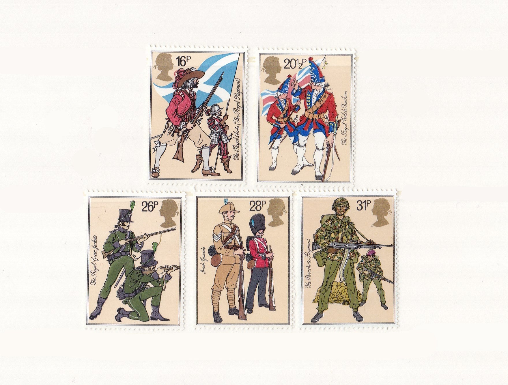 Set of stamps featuring illustrations of historical soldiers on a white background