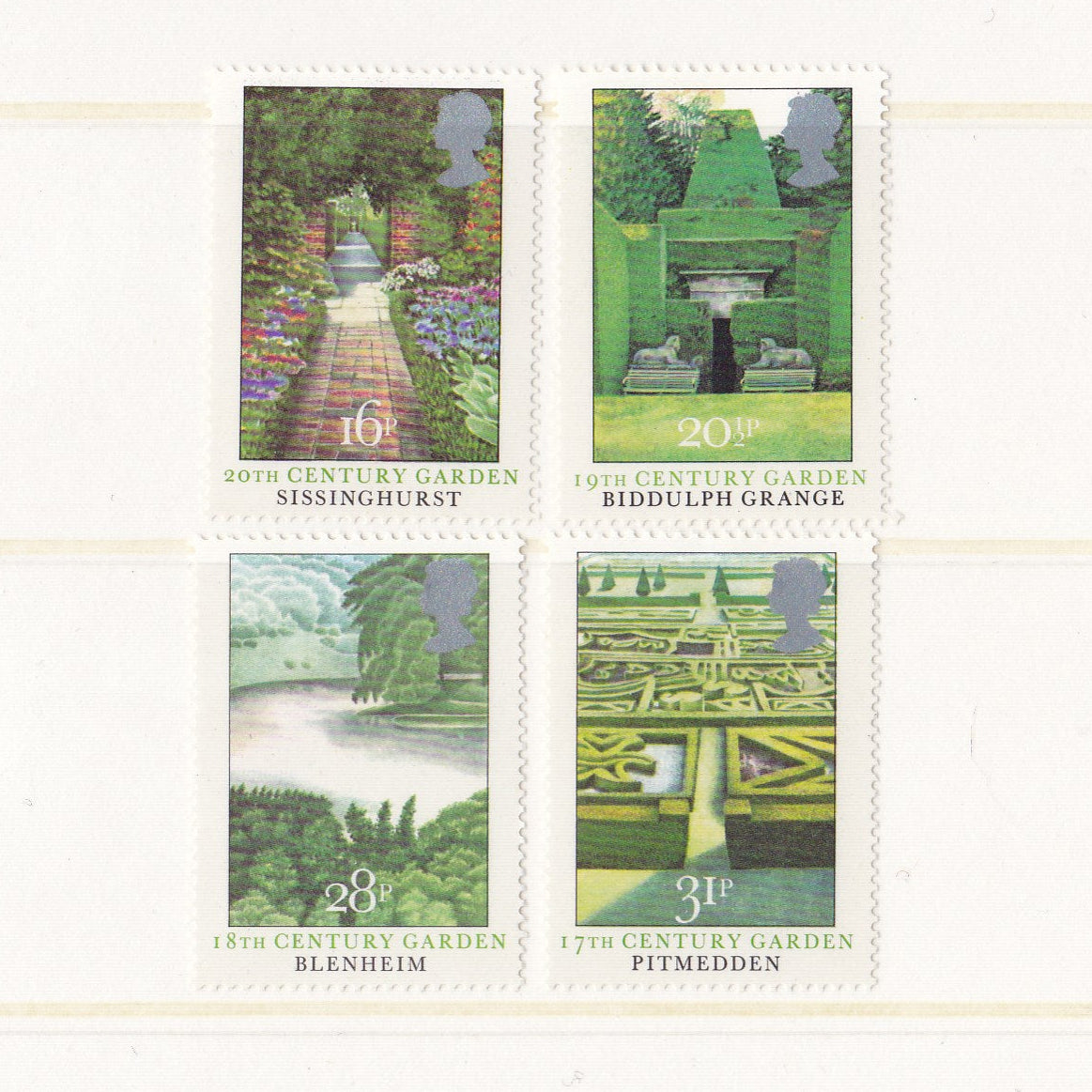 Four stamps featuring images of gardens with garden names and years on a white background.