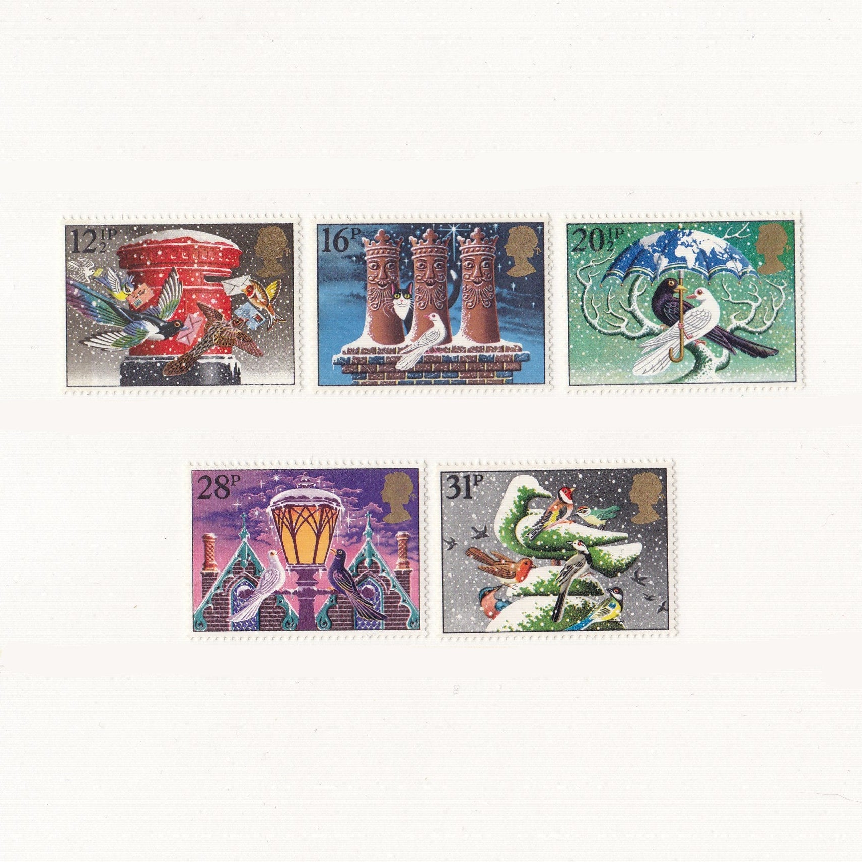 Colourful Christmas scenes on postage stamps with birds and snow. 1983 edition.