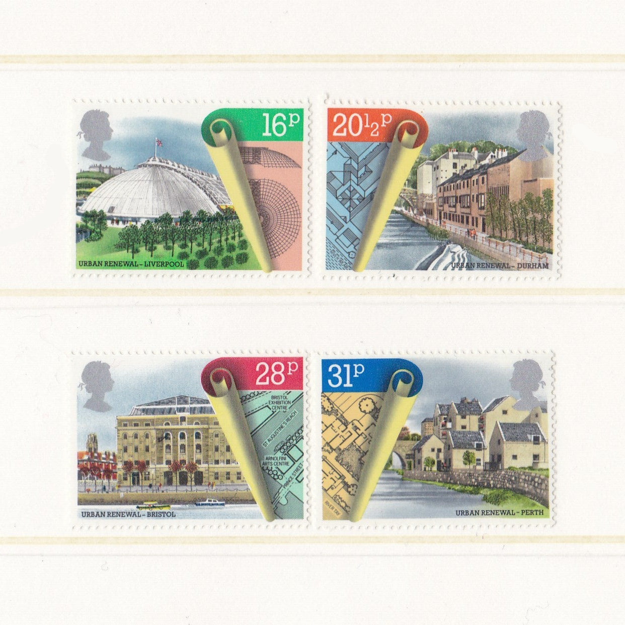 Postage stamps with illustrations of areas in the UK that have undergone urban renewal featuring buildings