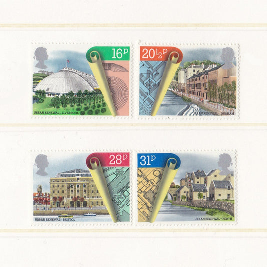 Postage stamps with illustrations of areas in the UK that have undergone urban renewal featuring buildings
