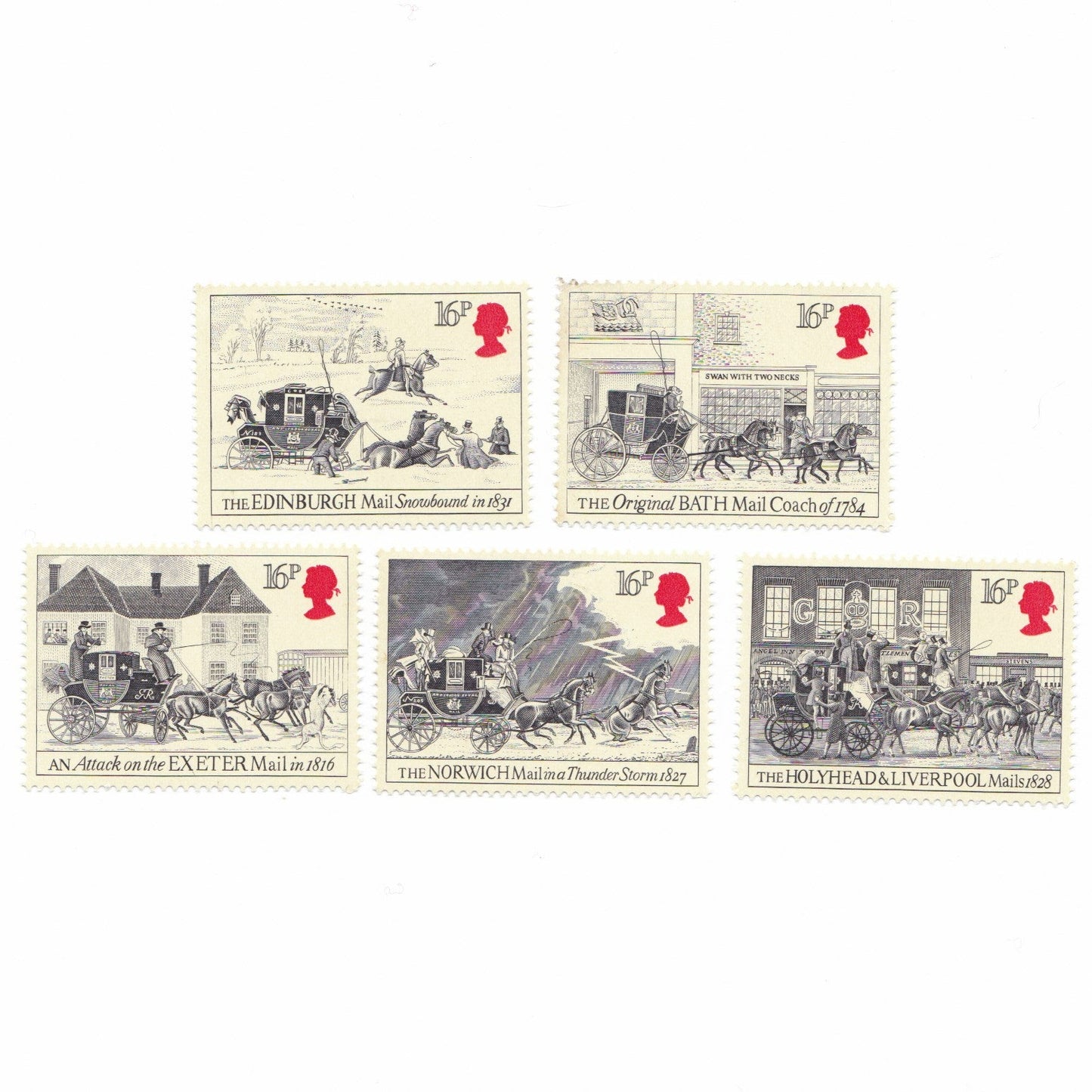 Set of five postage stamps featuring historical mail coach designs on a white background.