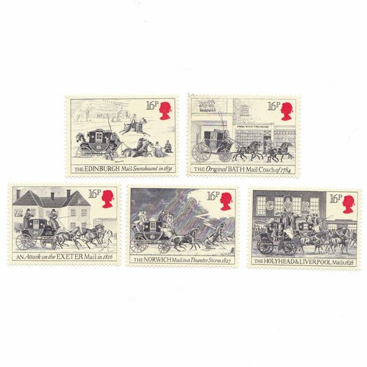 Set of five postage stamps featuring historical mail coach designs on a white background.