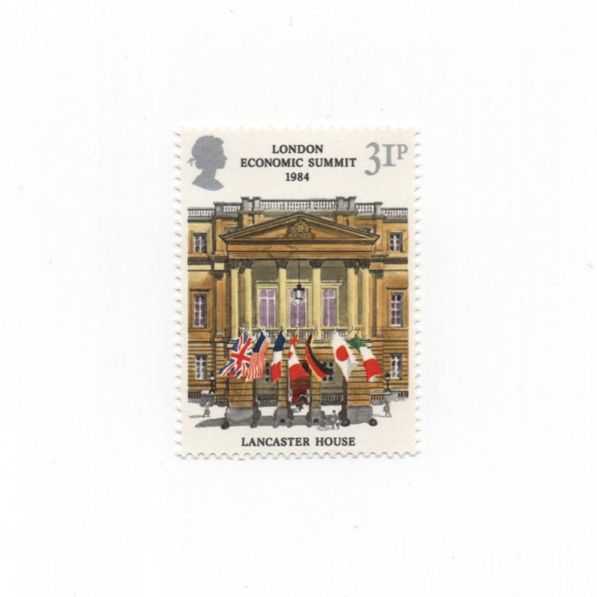 Stamp featuring Lancaster House with British and Japanese flags, London Economic Summit 1984