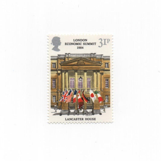 Stamp featuring Lancaster House with British and Japanese flags, London Economic Summit 1984