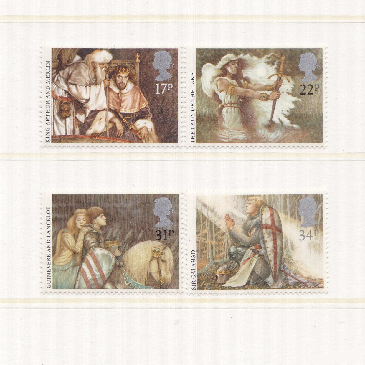 Four postage stamps with artistic designs on a white background