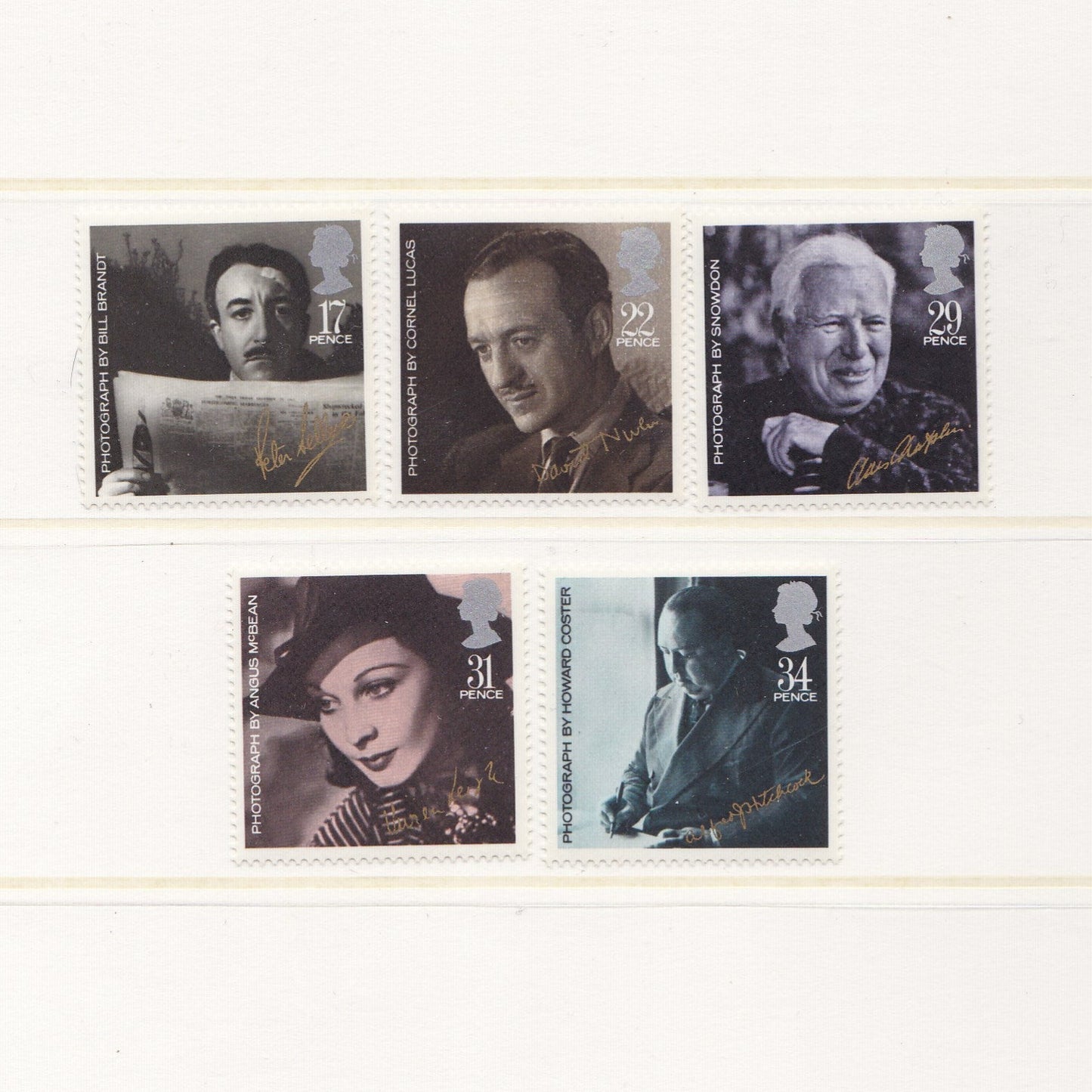 Black and white images of actors, actresses and film producers on postage stamps