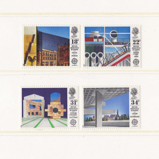 Architecture designs on postage stamps with location details as part of europa issue
