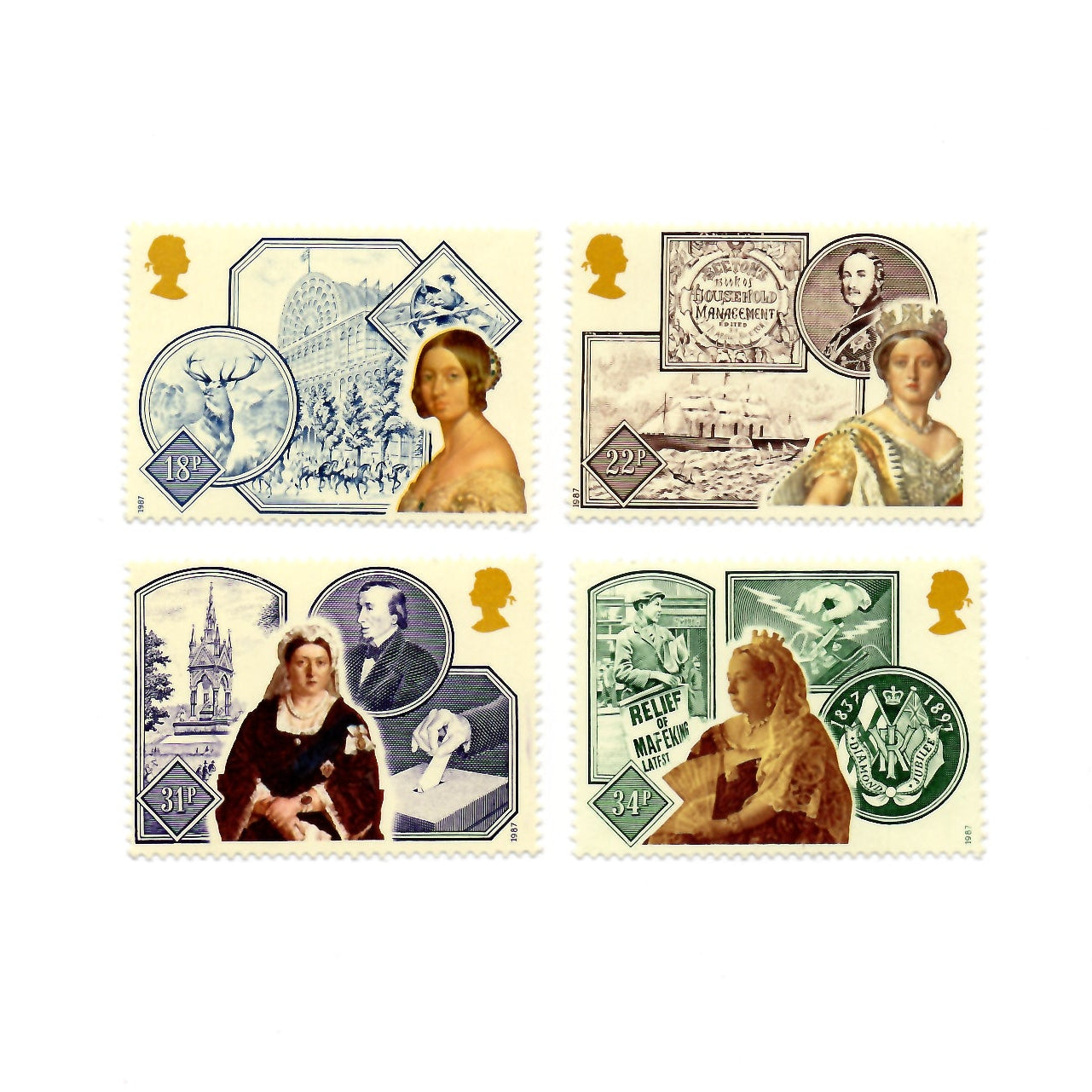 Set of six vintage stamps featuring different designs and portraits on a white background