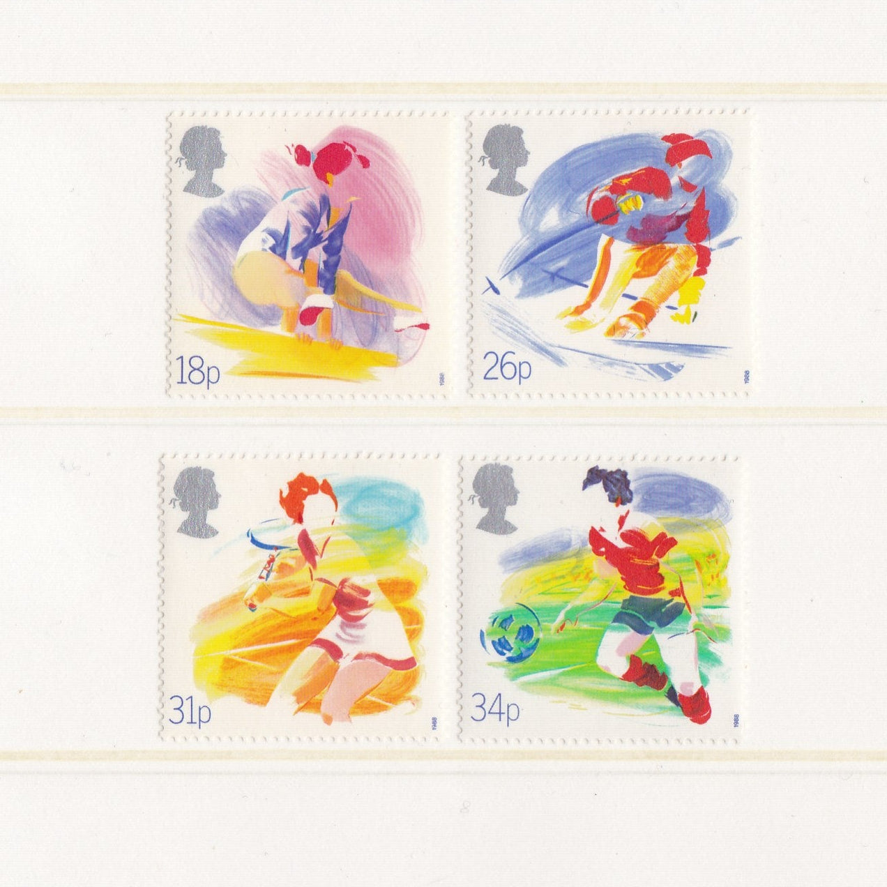 Four colorful postage stamps with cartoon characters on a white background
