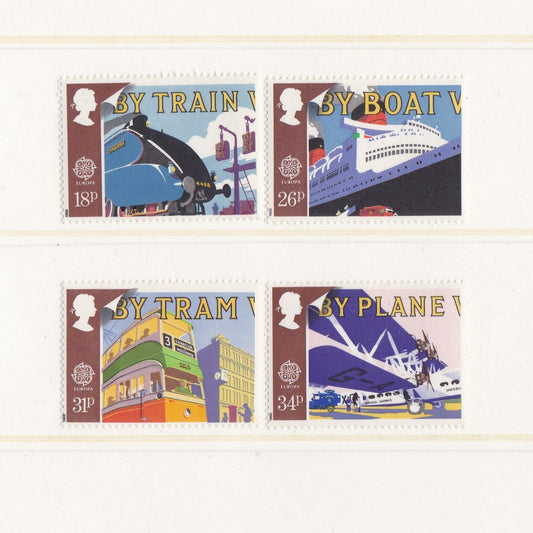 Set of four illustrated stamps depicting modes of transportation on a white background.