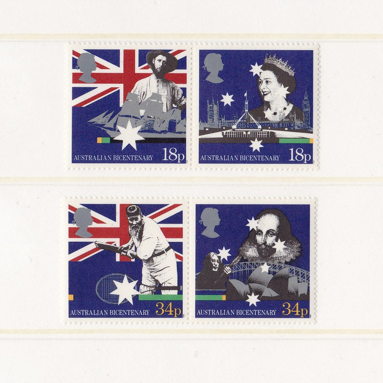 Four postage stamps featuring Australian icons and the Queen on a white background