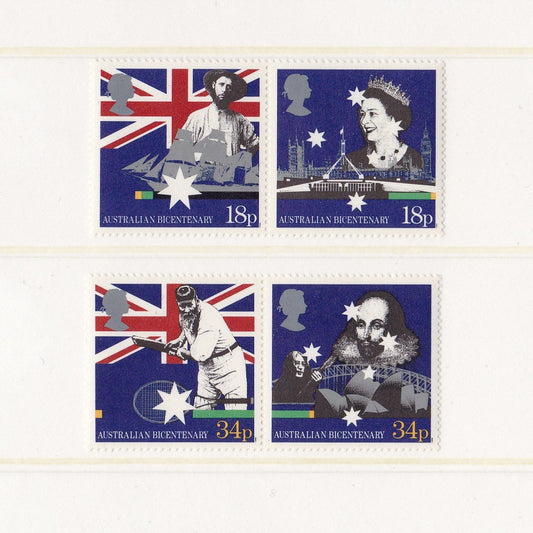 Four postage stamps featuring Australian icons and the Queen on a white background