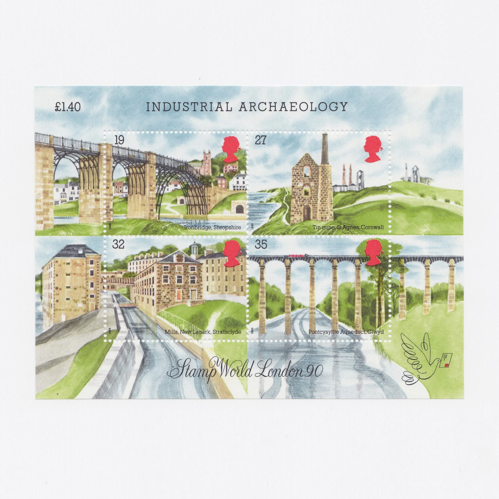 Collection of stamps featuring industrial archaeology designs on a white background