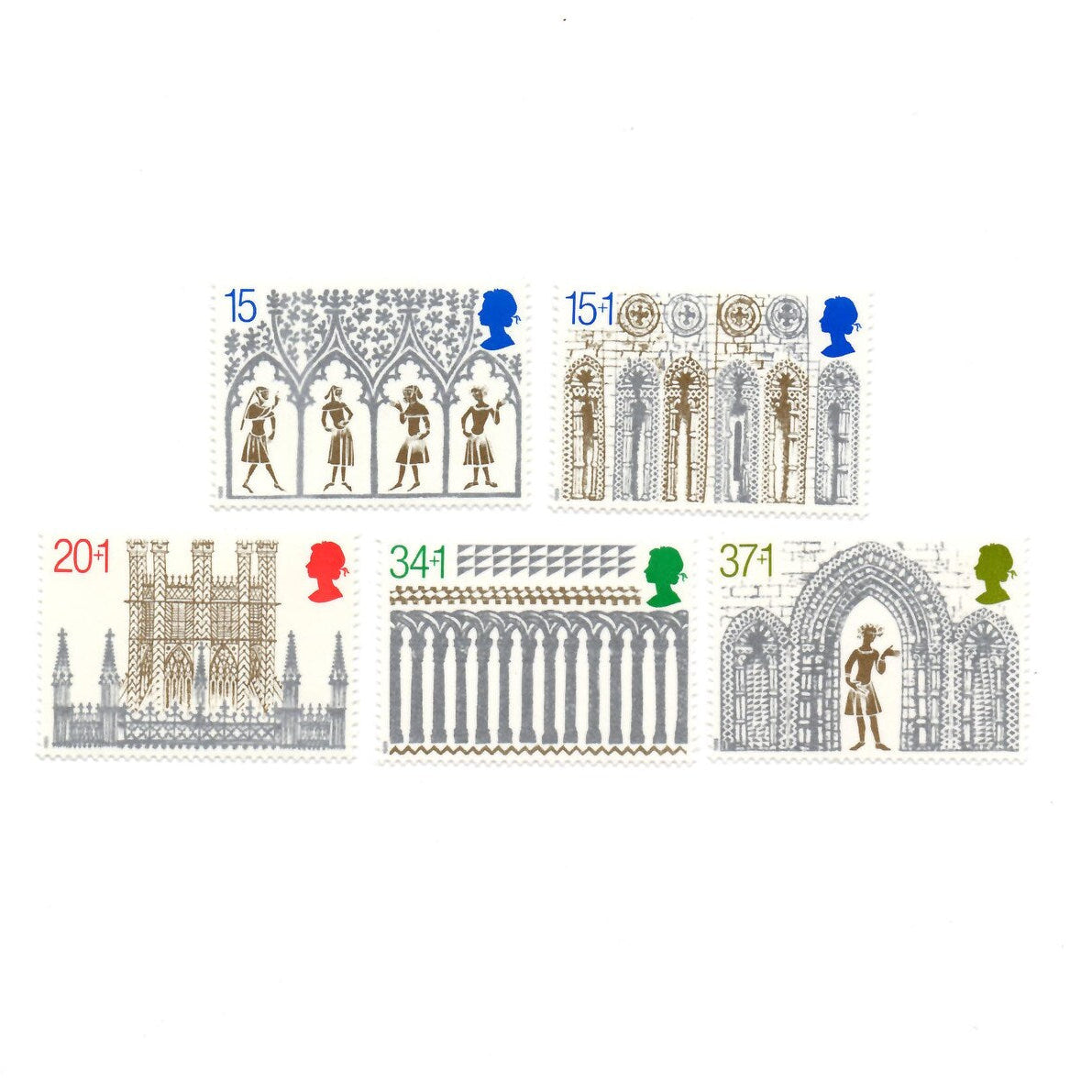 Illustrations of architectural elements with numbers and color-coded figures on a white background