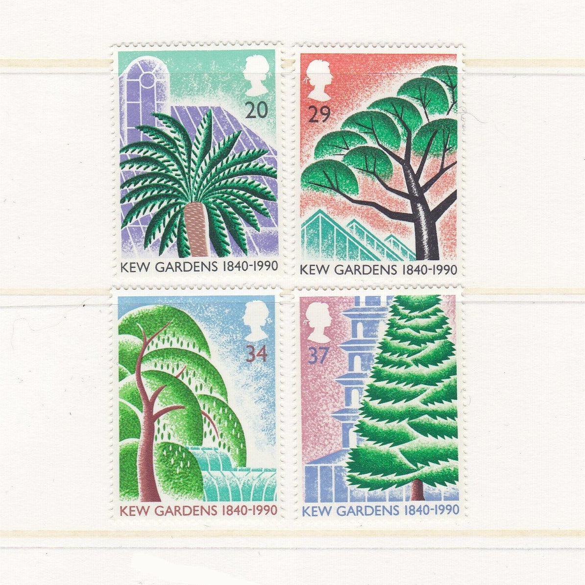 Set of four postage stamps featuring illustrations of trees and buildings with text 'Kew Gardens 1840-1990'.