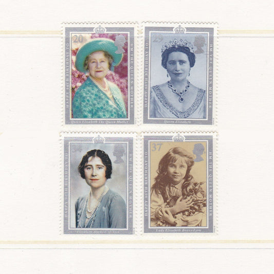 Four stamps featuring images of the queen mother on a white background