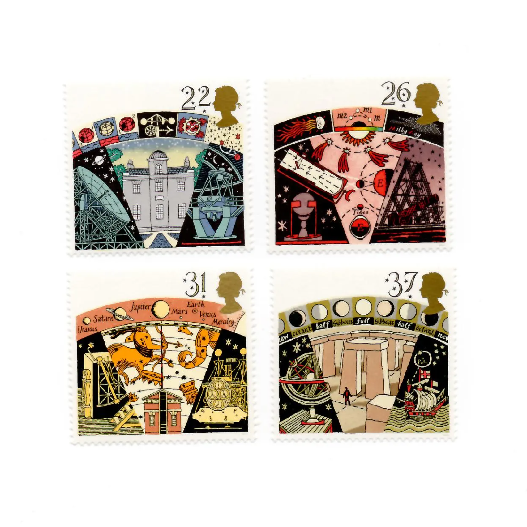 Four illustrated cards with various designs on a white background