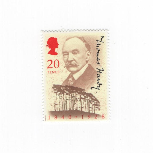Stamp with a portrait and text on a white background