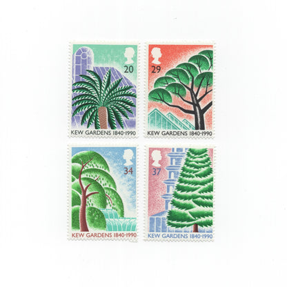 Four colorful stamps featuring trees and architectural elements on a white background