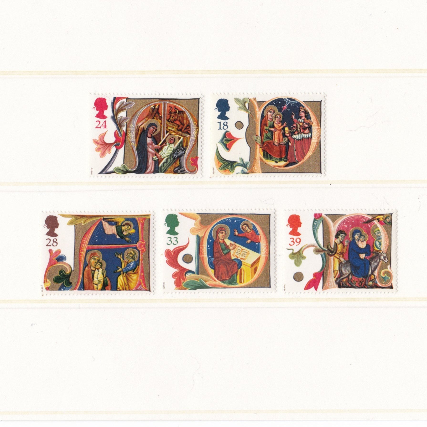 Set of six illustrated stamps featuring religious scenes on a white background