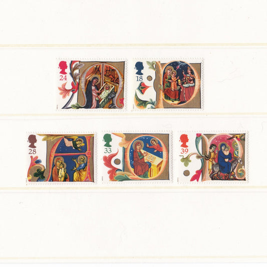 Set of six illustrated stamps featuring religious scenes on a white background