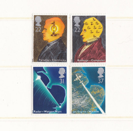 Four postage stamps with illustrations and text on a white background