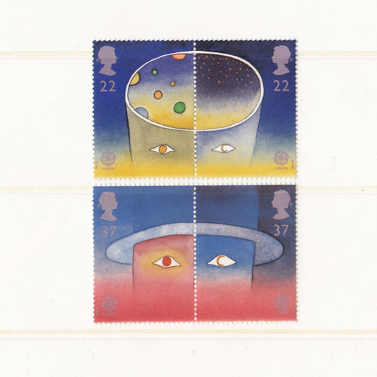 Two postage stamps with artistic designs on a white background
