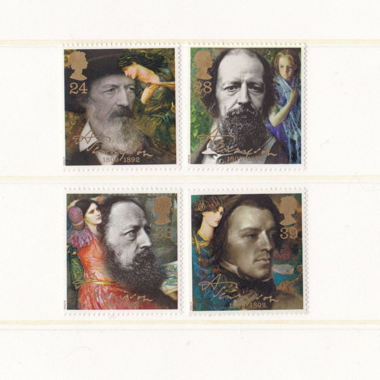 Four stamps featuring artistic portraits on a white background