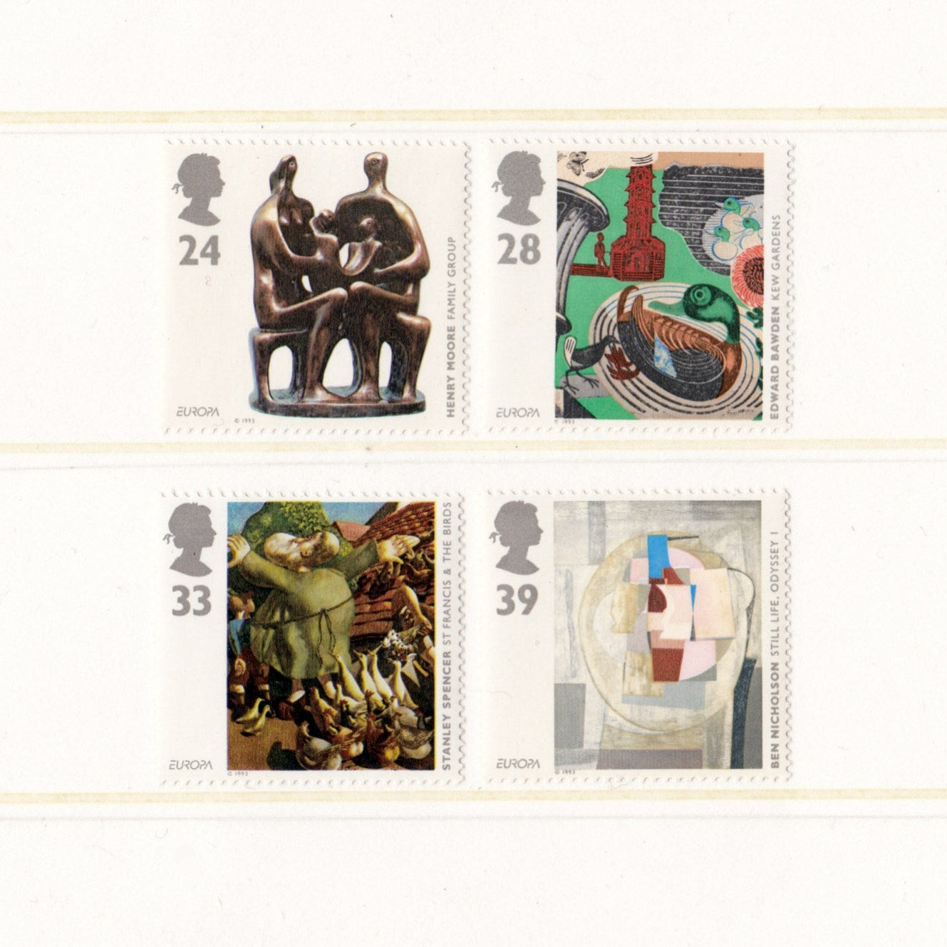 Collection of stamps featuring artistic sculptures on a white background