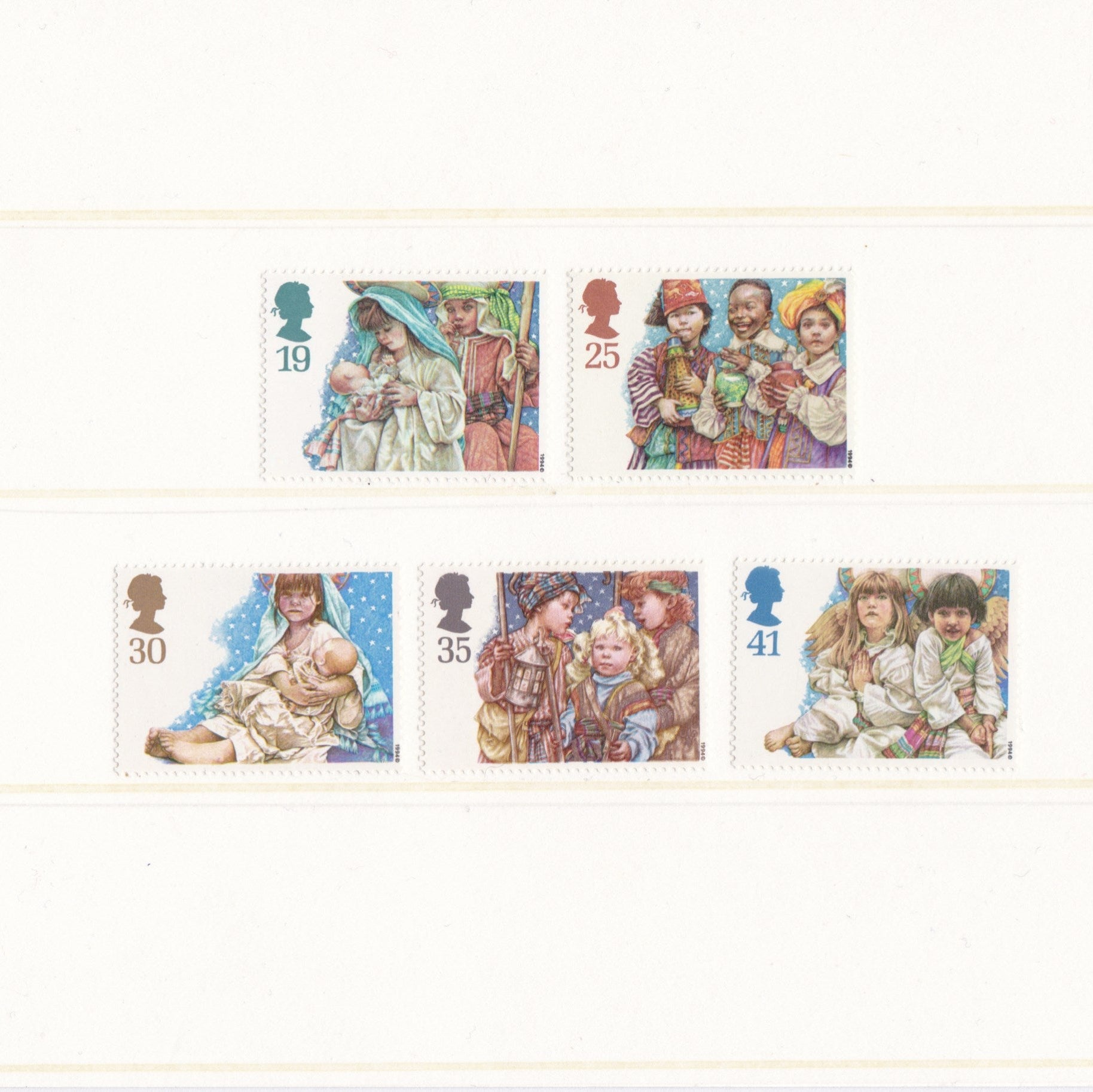 Set of stamps featuring illustrations of children and adults on a white background