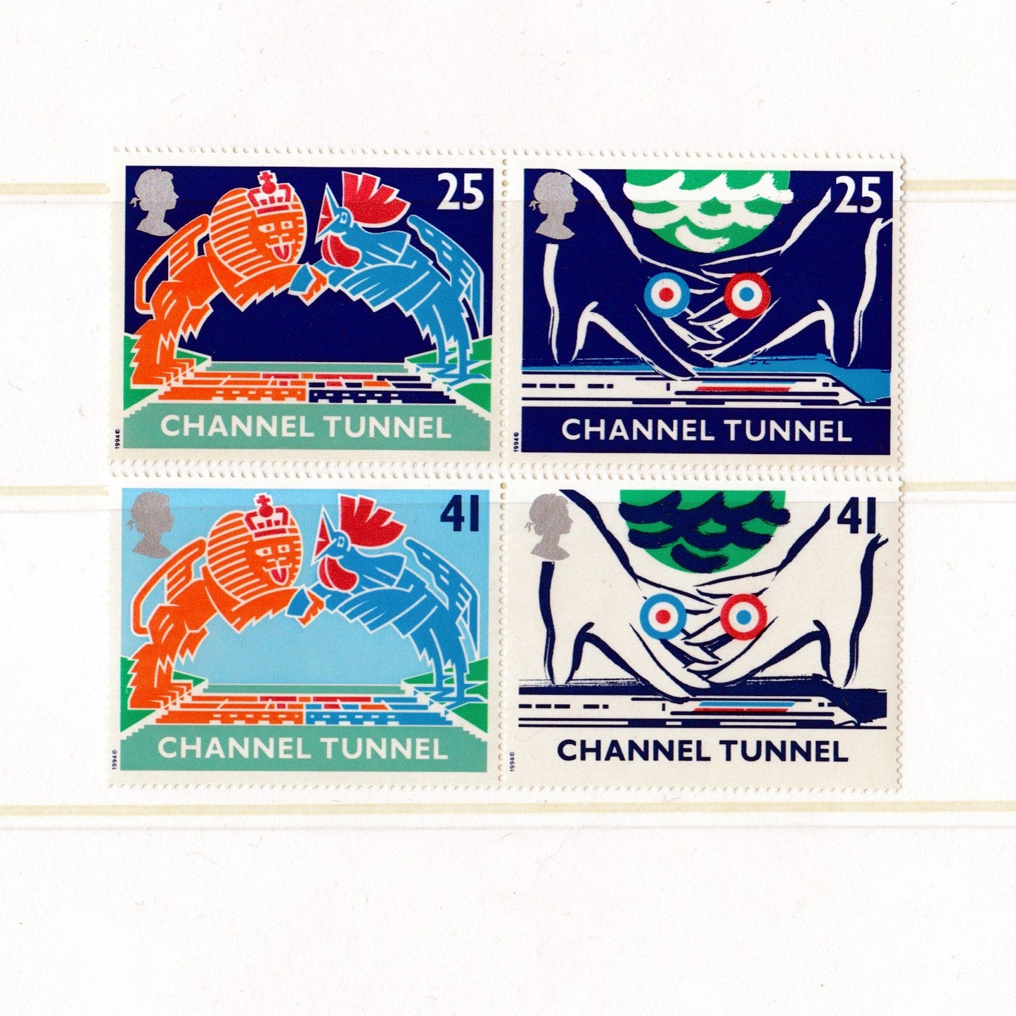 Two pairs of postage stamps featuring artistic designs and text 'Channel Tunnel' on a white background.