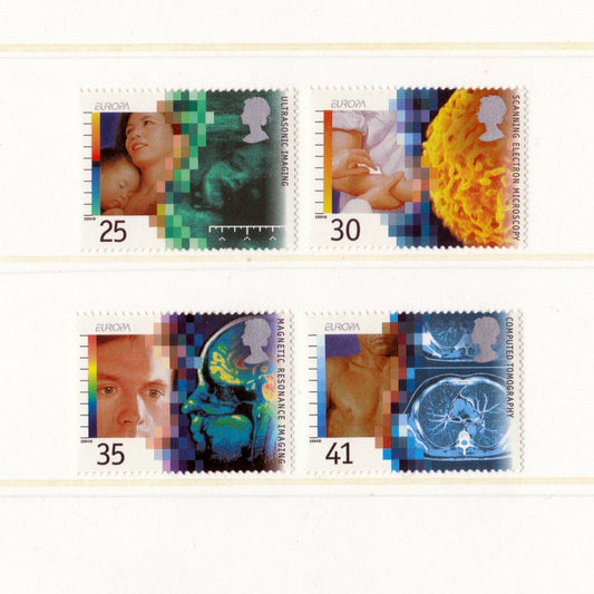 Set of four postage stamps with science designs on a white background