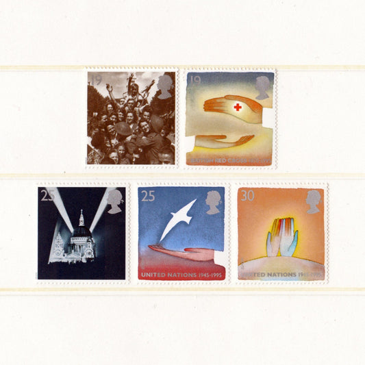 Collection of six postage stamps with various designs on a white background