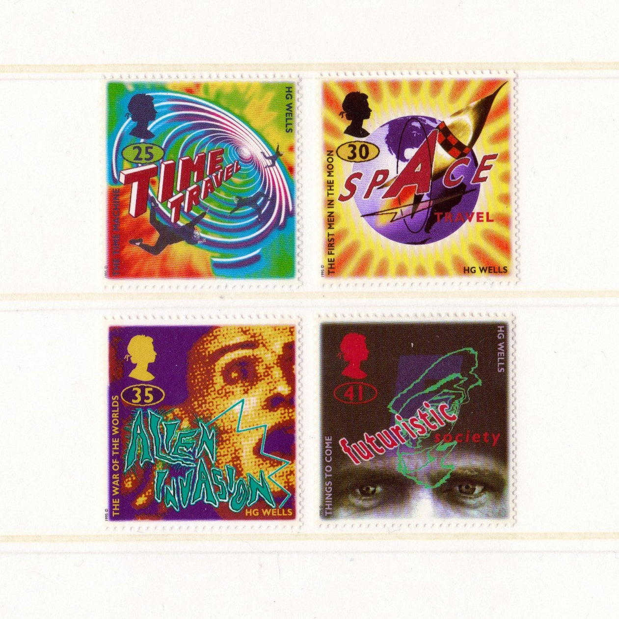Four postage stamps with futristic-themed designs on a white background