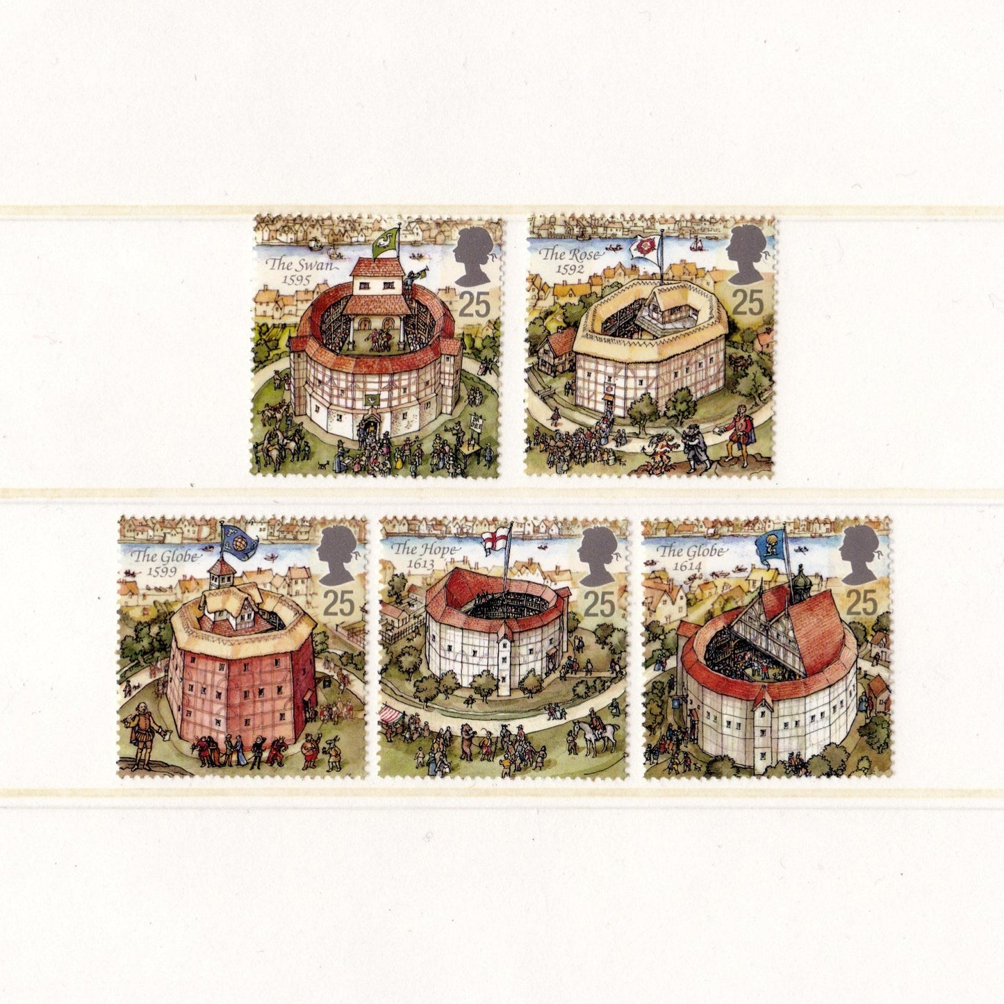 Set of postage stamps featuring illustrations of a historic building with decorative elements.